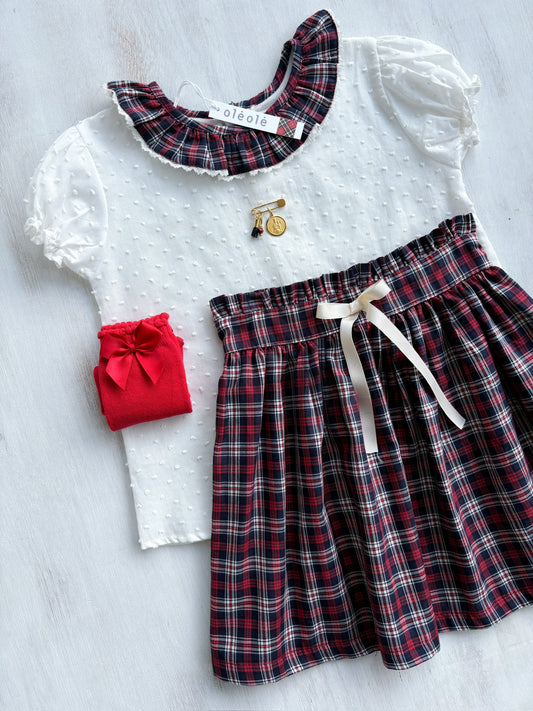 Conjunto MatchyCuello falda de grande cuadros marino y rojo