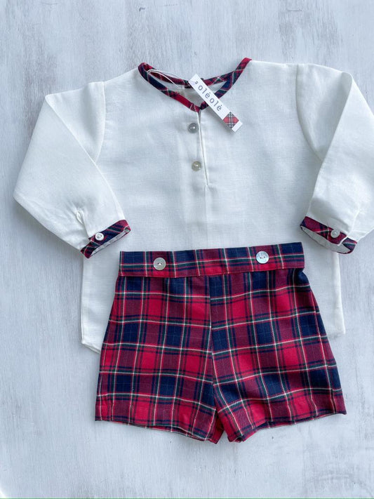 Conjunto varón short cuadros rojo y marino