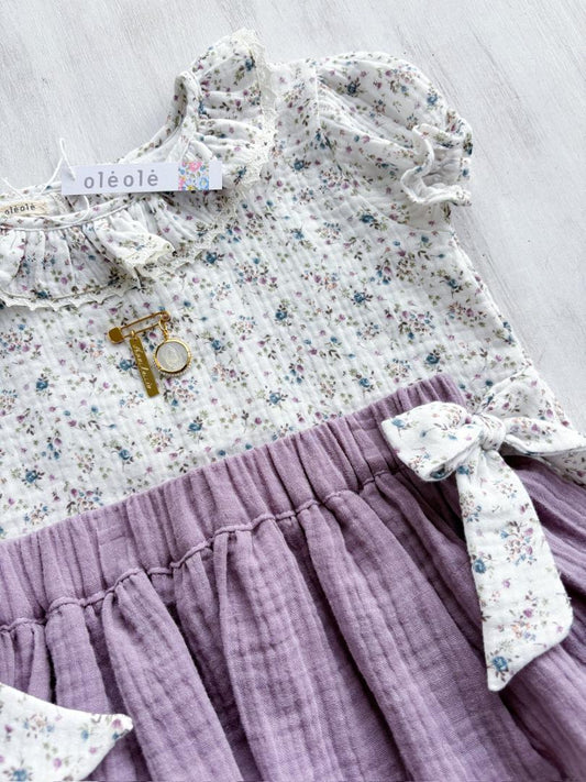 Conjunto matchymatchy falda c/lazos boblé flores mini morado y azul