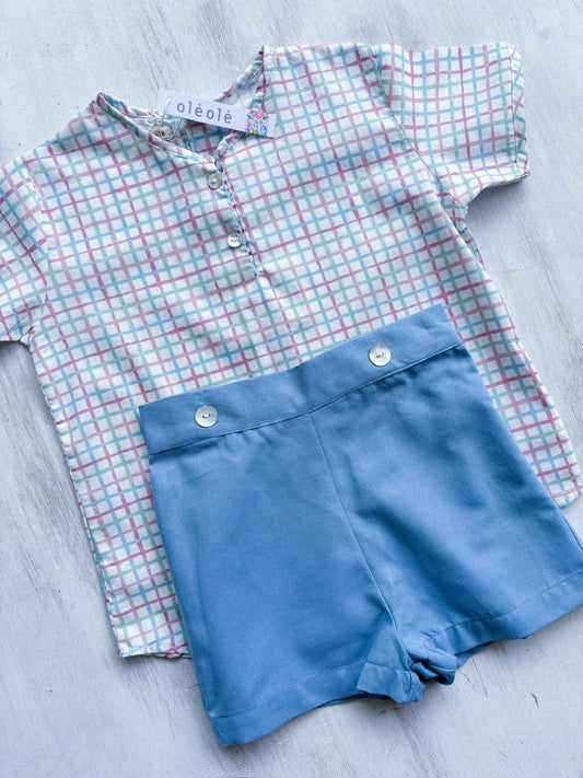 Conjunto short cuadros azul, rosado y verde