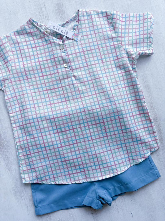 Conjunto short cuadros azul, rosado y verde